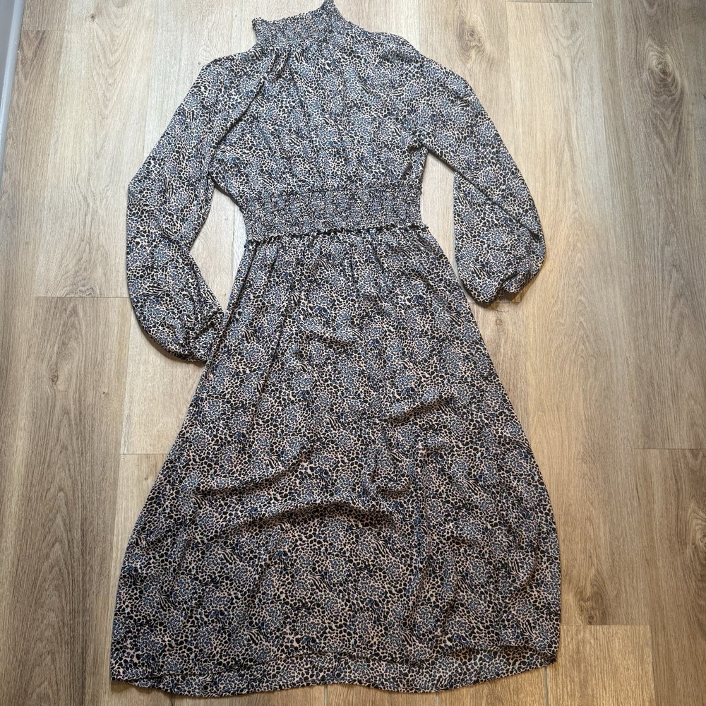 Free Press Smocked Mock Neck Midi Dress L Leopard Animal Print Long Sleeve